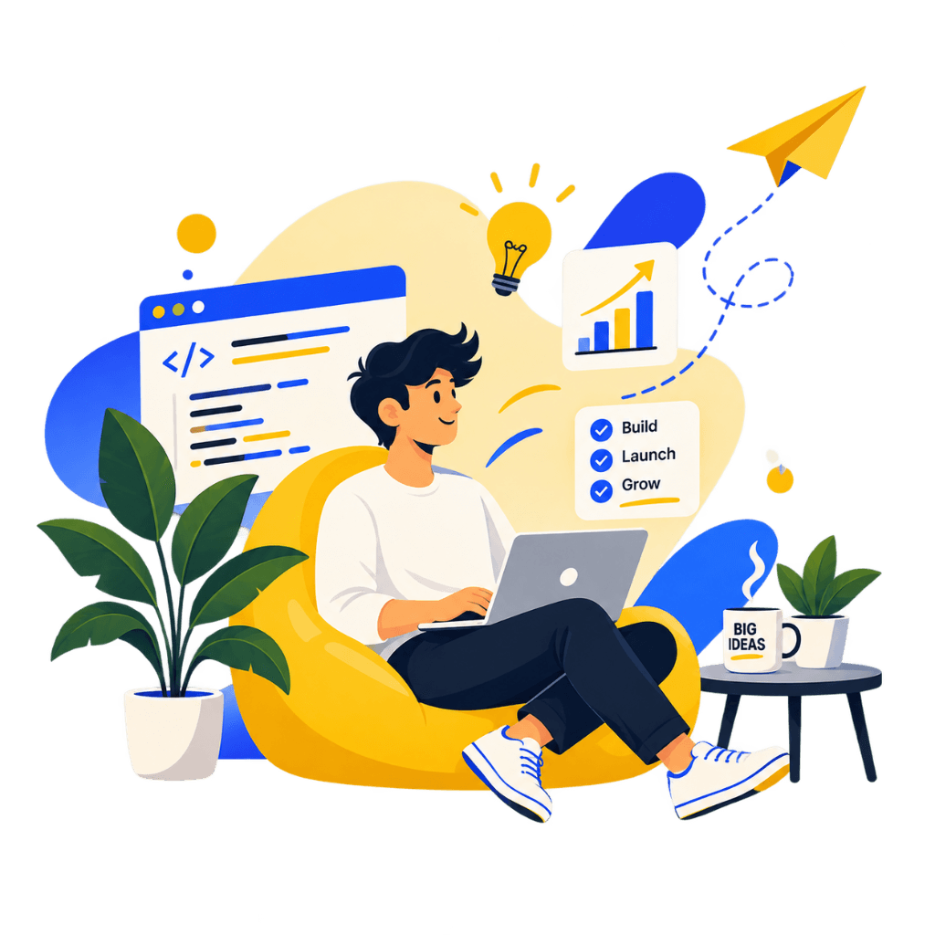 Illustration of the Grow With Hustler team building a product